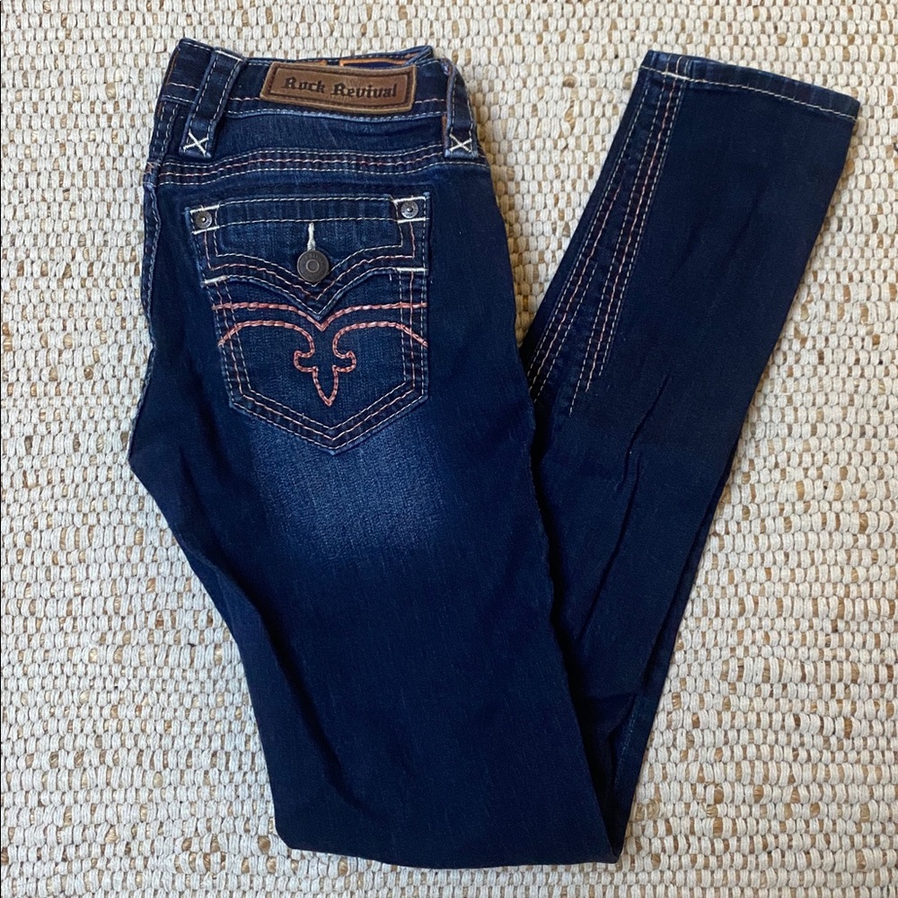 Rock Revival Indigo Jeans with Red and light Gray stitching